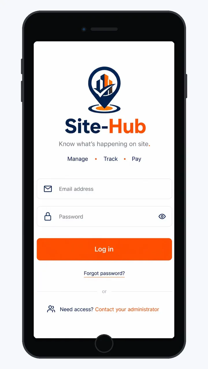 The Site-Hub staff app sign-in screen on a phone.